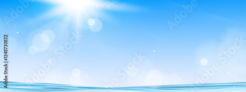 Photography Sky Blue,Cloud,Sun Background,Summer clear sky over sea beach,Vector cartoon horizon white bright sunlight in Spring