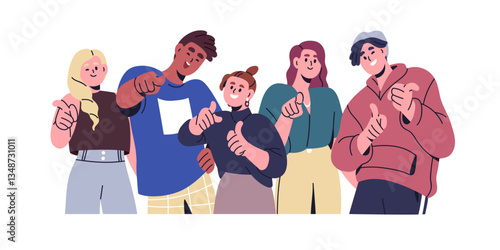 Happy people point at you. Smiling male and female characters group showing, choosing, picking, pointing with hand gesture, inviting finger sign. Flat vector illustration isolated on white background
