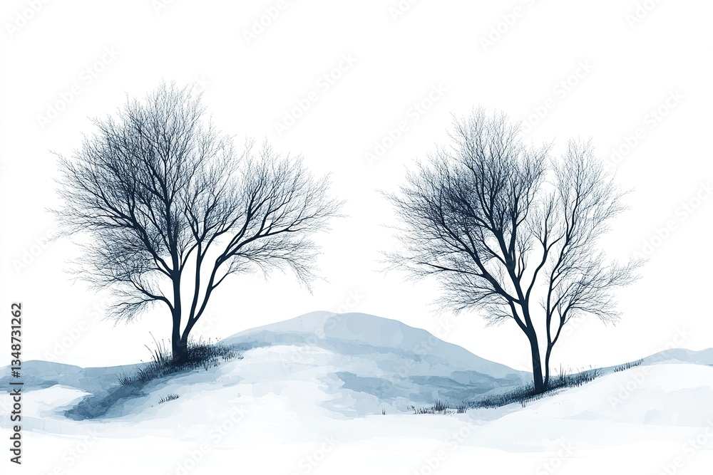 Fototapeta premium Two silhouette trees on snowy hills against a white background