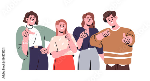Happy people pointing at you. Excited group, smiling man and women point with finger, picking, selecting, choosing with inviting gesture. Flat vector illustration isolated on white background