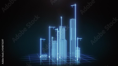 Buildings Construction Hologram 3d Animation Time Lapse. Cranes Working Time-lapse Blueprint Illustration. Growing Abstract City Street Dark Blue Digital Light Project. Business Technology Concept 4k.