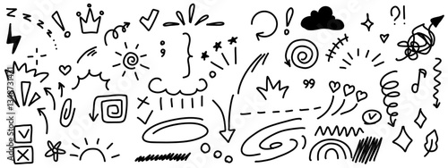Hand drawn doodles, including arrows, stars, hearts, and clouds, sparkle, sun, crown, spiral. Decoration symbol set icon for creative projects. vector design elements on transparent background