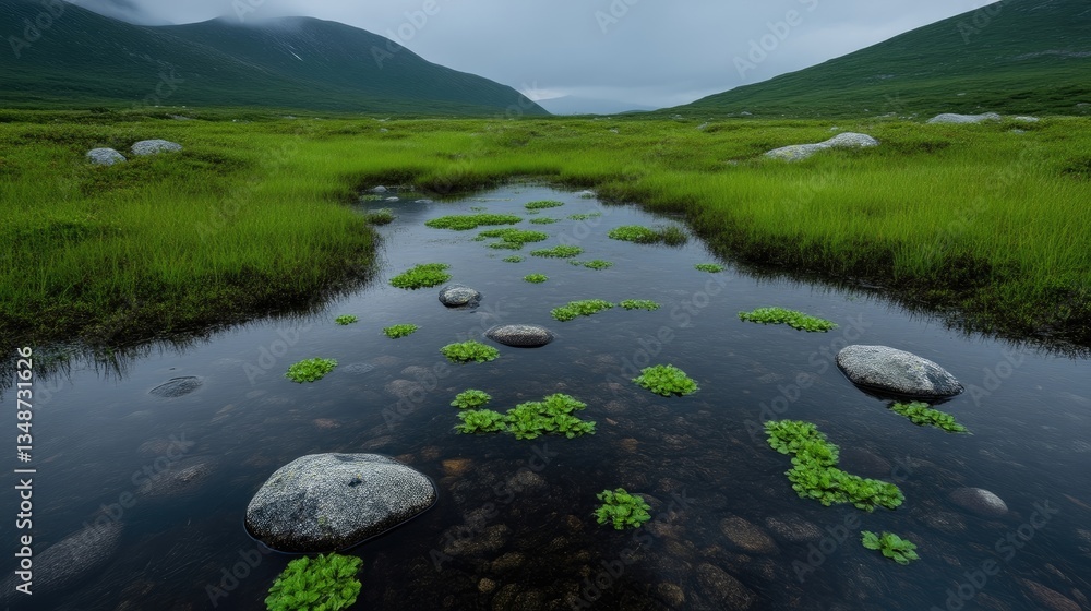 Tranquil mountain stream in a lush green valley. Clear shallow water flows through a meadow. Rocky bottom and vibrant greenery. Misty mountain peaks in the distance Tranquil mountain stream in a lush green valley. Clear shallow water flows through a meadow. Rocky bottom and vibrant greenery. Misty mountain peaks in the distance