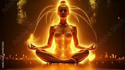 Radiant woman in golden meditation pose, surrounded by glowing energy and cosmic light, embodying inner peace and spiritual awakening. generative AI