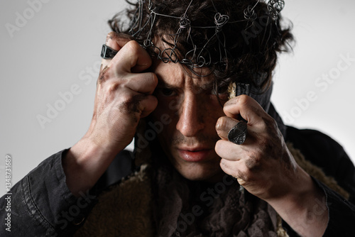 Hamlet in modern grunge or post-apocalyptic reinterpretation, young man, tragic Shakespearean hero in a crown of wire, Contrast lighting, super close-up