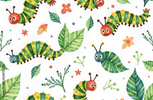 Seamless watercolor pattern with caterpillars on white background