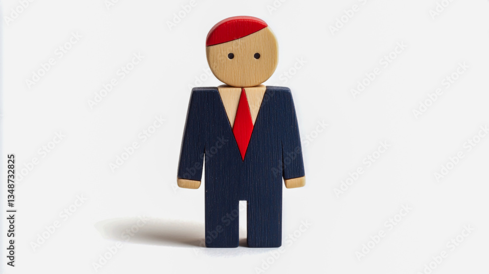 Minimalist wooden figurine of a man wearing a navy suit, red tie, and red hair Minimalist wooden figurine of a man wearing a navy suit, red tie, and red hair