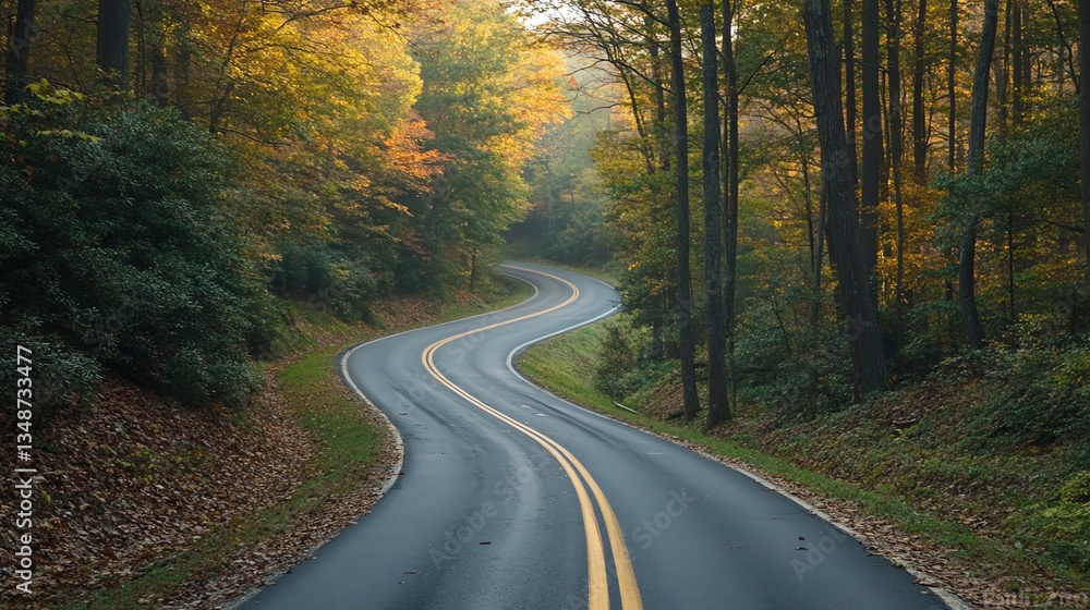 Fototapeta premium Driving on a Winding Road Through a Colorful Autumn Forest