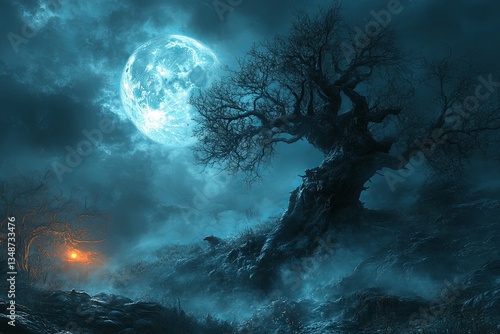 A large tree stands under a glowing moon in a night sky
