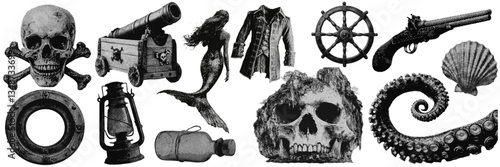 Set of pirate halftone grunge vector design elements