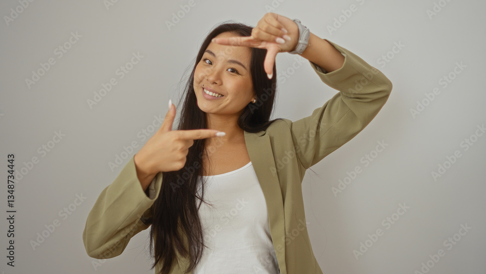 Fototapeta premium Young, attractive, chinese, woman smiling charmingly, framed by her hands, isolated against a white, background wall, bright teal blazer and white tank top, exuding confidence and elegance.