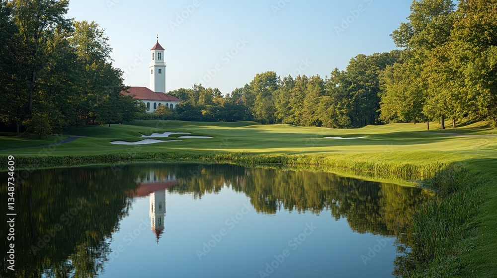 Obraz premium Tranquil golf course with reflecting pond and clubhouse