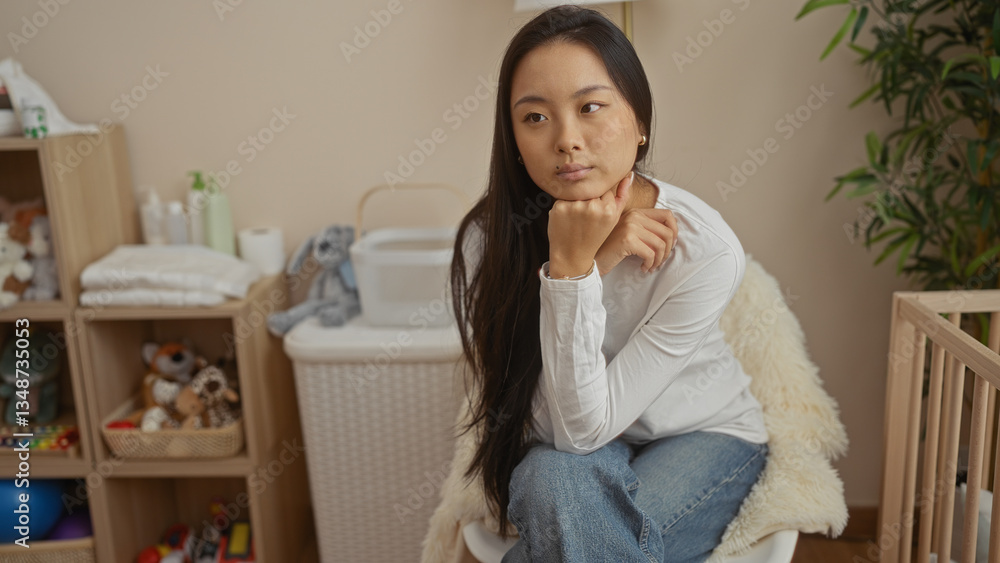 Young chinese woman sitting thoughtfully in a cozy bedroom with baby toys and furniture, giving an impression of a peaceful and homey interior scene Young chinese woman sitting thoughtfully in a cozy bedroom with baby toys and furniture, giving an impression of a peaceful and homey interior scene
