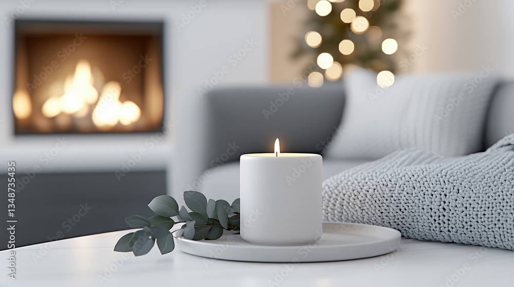 White candle on a table with cozy background. Home relaxation White candle on a table with cozy background. Home relaxation