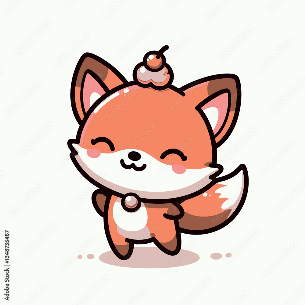 Cute Fox with Cherry on Head - Playful Cartoon Illustration Cute Fox with Cherry on Head - Playful Cartoon Illustration