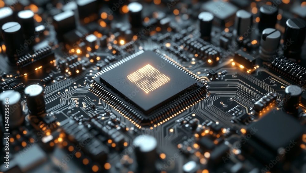 Central processing unit on a circuit board. Advanced technology, illuminated components Central processing unit on a circuit board. Advanced technology, illuminated components