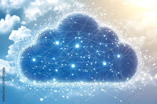 A digital cloud and network displayed in a clear sky