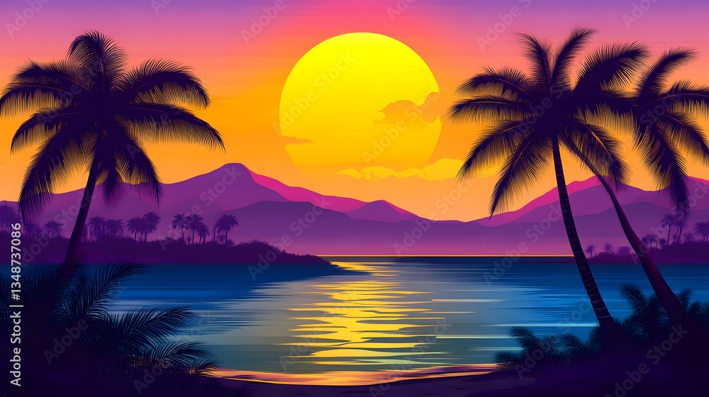 Beautiful beach scene with palm trees and setting sun over water Beautiful beach scene with palm trees and setting sun over water