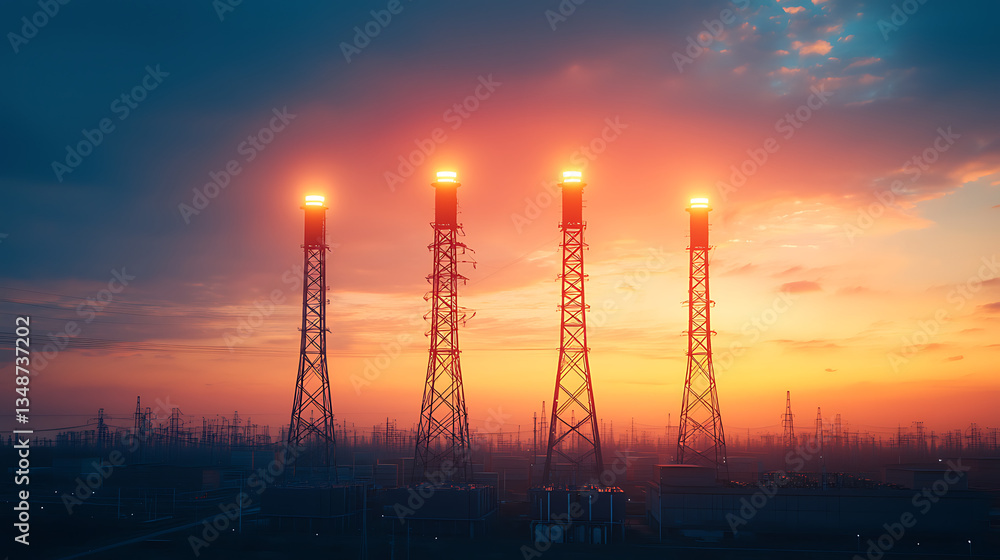 Four illuminated towers stand against a colorful sunset sky, surrounded by a landscape of power lines and industrial structures. Four illuminated towers stand against a colorful sunset sky, surrounded by a landscape of power lines and industrial structures.