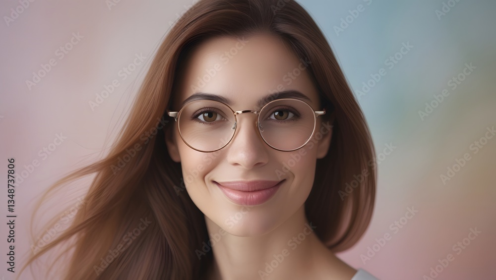 Fototapeta premium Portrait of a Confident Woman Wearing Stylish Glasses with a Soft Pastel Background