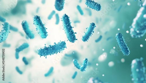 Microscopic view of bacteria.  Various rod-shaped bacteria suspended in a light-green background.  3D rendering of  microorganisms