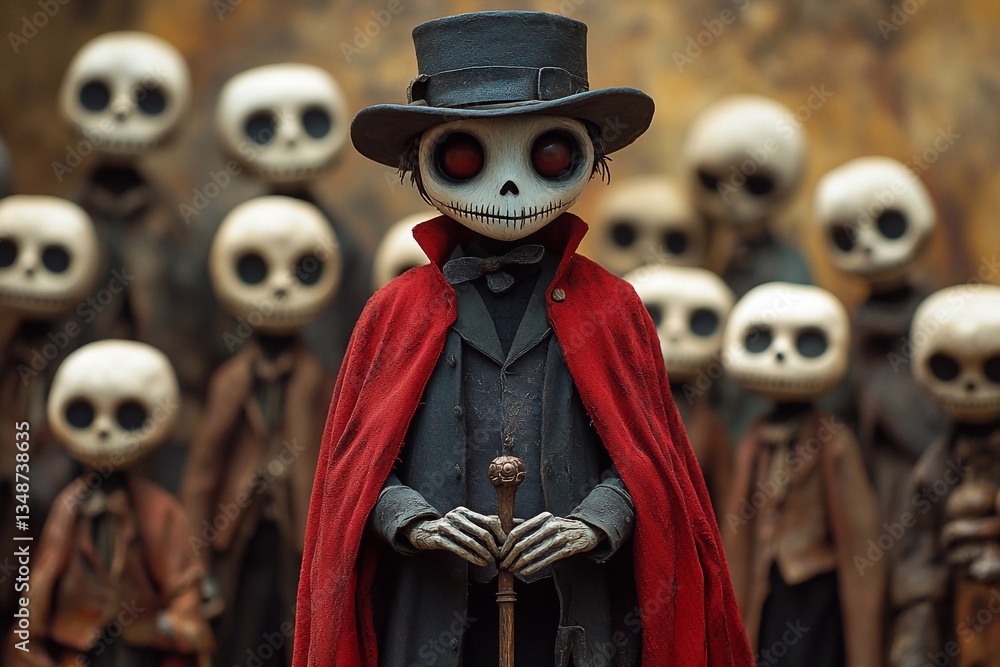 Obraz premium A tall, thin young villain in a red cloak with a cane in his hands. He has a top hat on his head, a thin Spanish beard. The man stands against a background of stone puppets