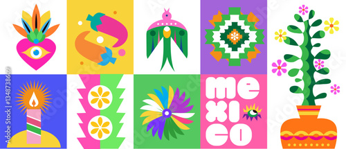 Viva  Mexico - template art poster mexican  background  Sea, palm tree, Pattern,  Flower, cactus, guitar, sombrero