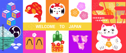  Welcome to Japan template art poster, travel banner  Vector icon illustration