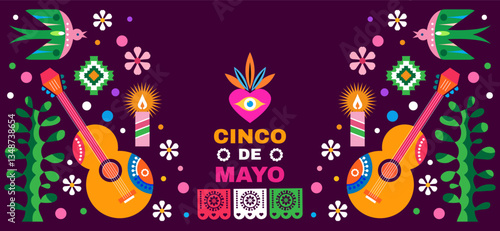 Happy Cinco de Mayo federal holiday in Mexico template art poster background Flower, cactus, guitar, sombrero, pepper Vector flat icon design icon illustration