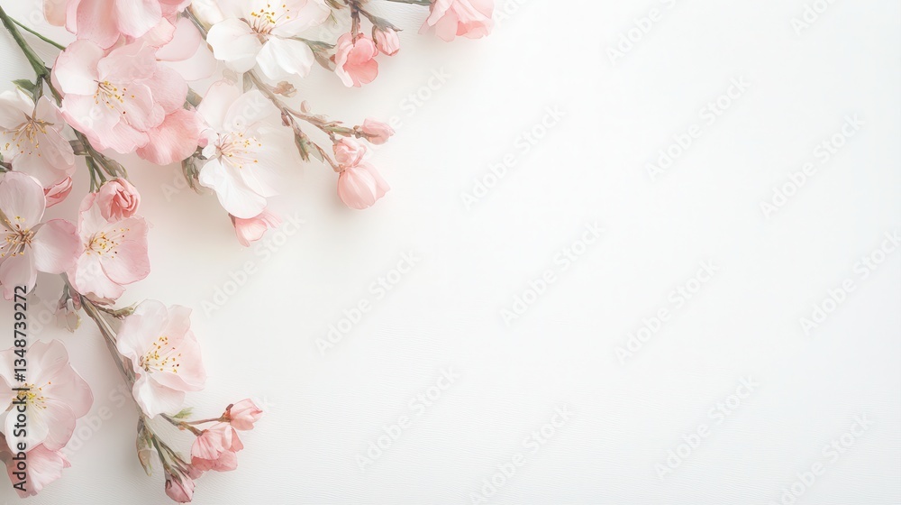 Delicate pink cherry blossom branches on white backdrop, symbolizing spring's beauty.
