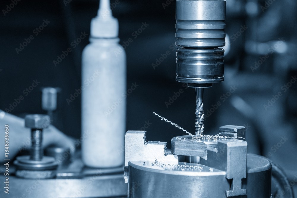 Close up scene the tapping process on CNC milling machine with tapping holder in the light blue scene. Close up scene the tapping process on CNC milling machine with tapping holder in the light blue scene.