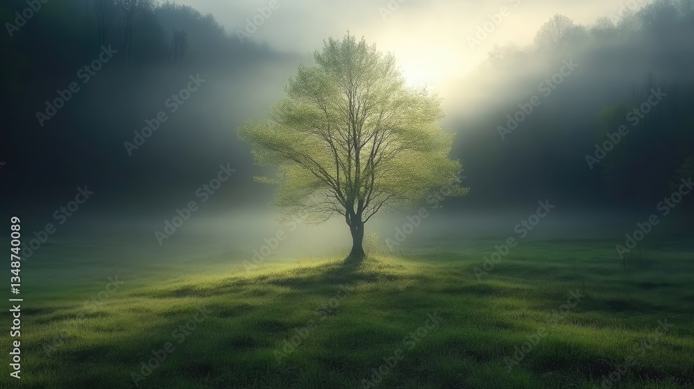 Fototapeta premium Solitary tree bathed in morning light, misty meadow