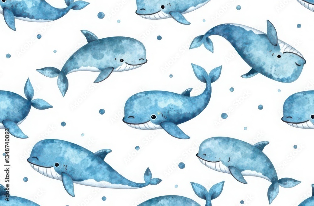 Seamless watercolor pattern with whales on a white background Seamless watercolor pattern with whales on a white background