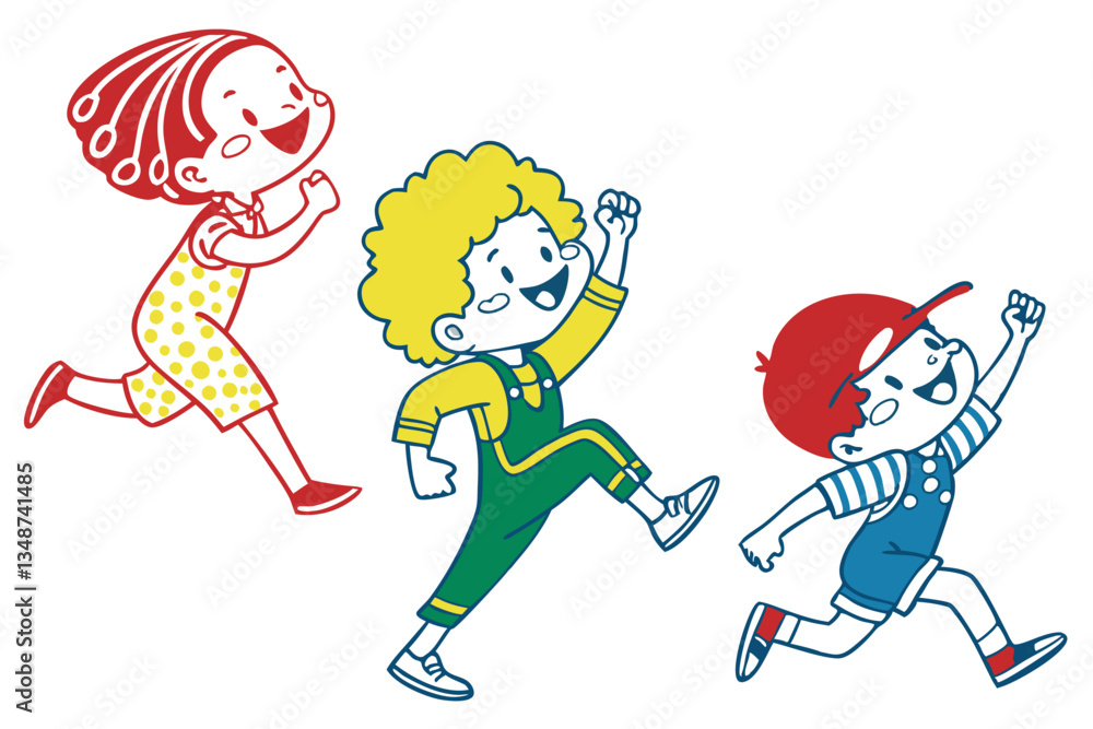 24 Colorful cartoon children, diverse hairstyles, simple shapes, playful poses, jumping and running, vibrant primary colors, red yellow blue green, hand-drawn style, minimalist characters, joyful expr 24 Colorful cartoon children, diverse hairstyles, simple shapes, playful poses, jumping and running, vibrant primary colors, red yellow blue green, hand-drawn style, minimalist characters, joyful expr