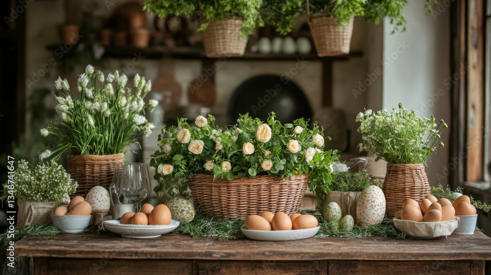 Fototapeta premium Rustic Easter Table Setting With Flowers And Eggs