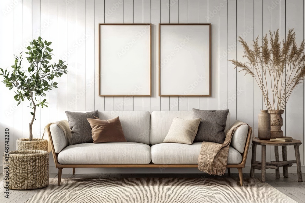 Fototapeta premium Empty picture frame against a white wall in a contemporary living room.