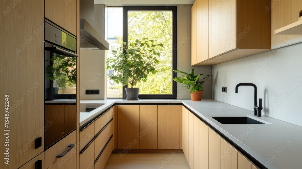 Fototapeta premium A minimalist galley kitchen with light oak cabinets and subtle black hardware, a single potted plant by the window, and