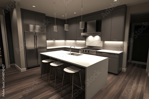 Wallpaper Mural Modern kitchen island, dark gray cabinets, white countertops, hardwood floors, evening ambiance Torontodigital.ca