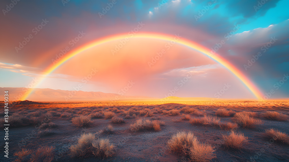 A vibrant rainbow arches over a vast desert landscape at sunset. A vibrant rainbow arches over a vast desert landscape at sunset.