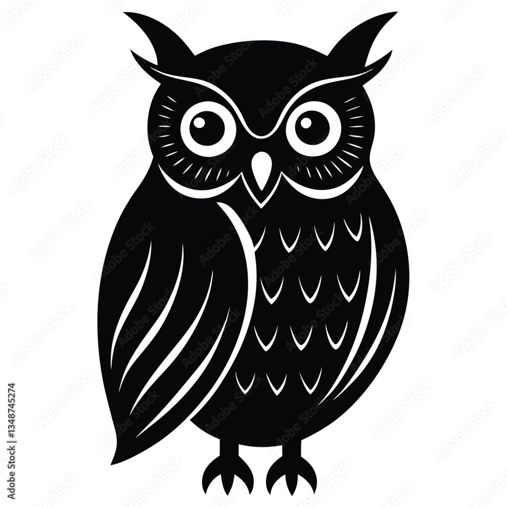 Fototapeta premium owl silhouettes, silhouette of owl with a tree branch vector illustration, Owl silhouette vector, A minimalist an owl bird is flying silhouette black vector illustration.