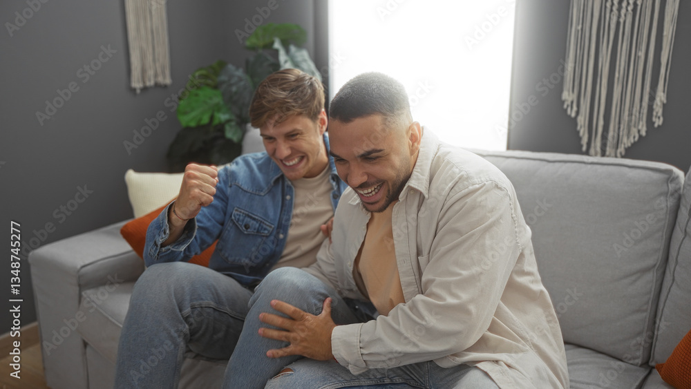 Men friends in a living room enjoying their time together, smiling and having fun, sitting on a couch in a cozy apartment interior Men friends in a living room enjoying their time together, smiling and having fun, sitting on a couch in a cozy apartment interior