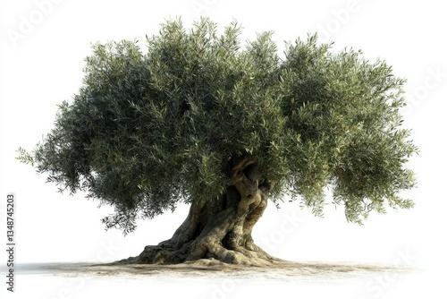 Majestic ancient olive tree against a pure white backdrop.