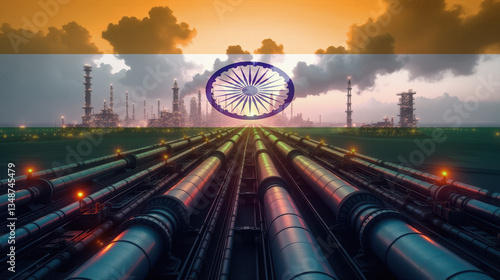 Oil pipelines leading to a refinery, overlaid with the India flag. A concept of energy industry, fuel production, and economic power.