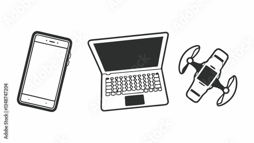 Create a set of high-quality flat design icons representing modern technology gadgets, including a smartphone, laptop, smartwatch, and drone. Each icon should have a minimalistic style, soft shadows, 