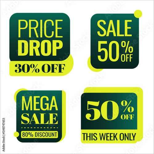Modern sale discount labels with bold typography and gradient green tones. Perfect for e-commerce, promotions, and special offers.