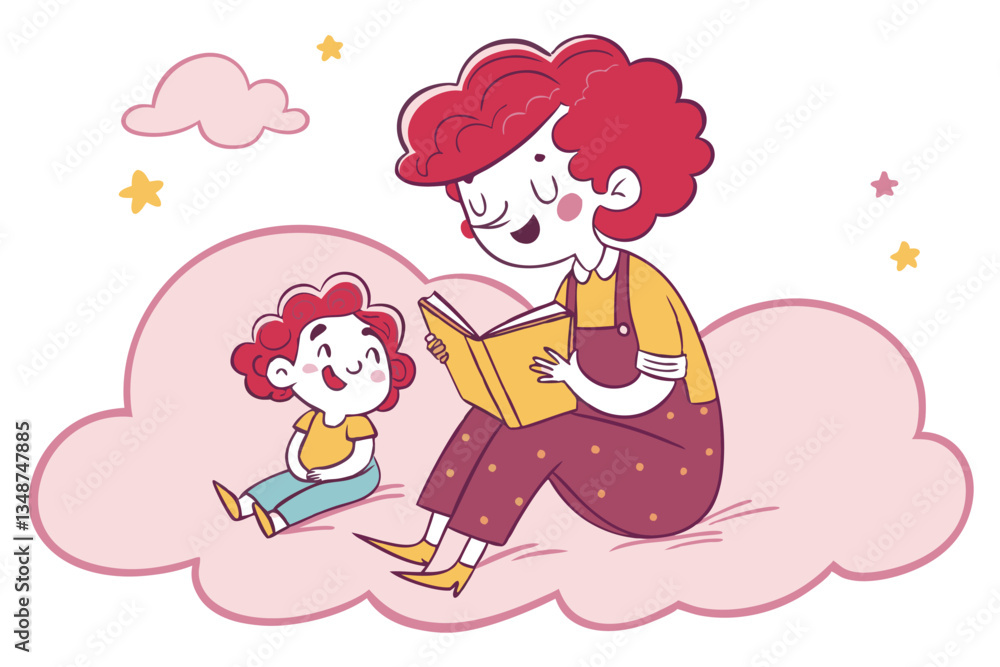 27 Whimsical illustration, mother and child reading together, sitting on pink cloud, curly red hair, colorful clothes, storybook, nurturing moment, children's book style, soft pastel colors, floating 27 Whimsical illustration, mother and child reading together, sitting on pink cloud, curly red hair, colorful clothes, storybook, nurturing moment, children's book style, soft pastel colors, floating