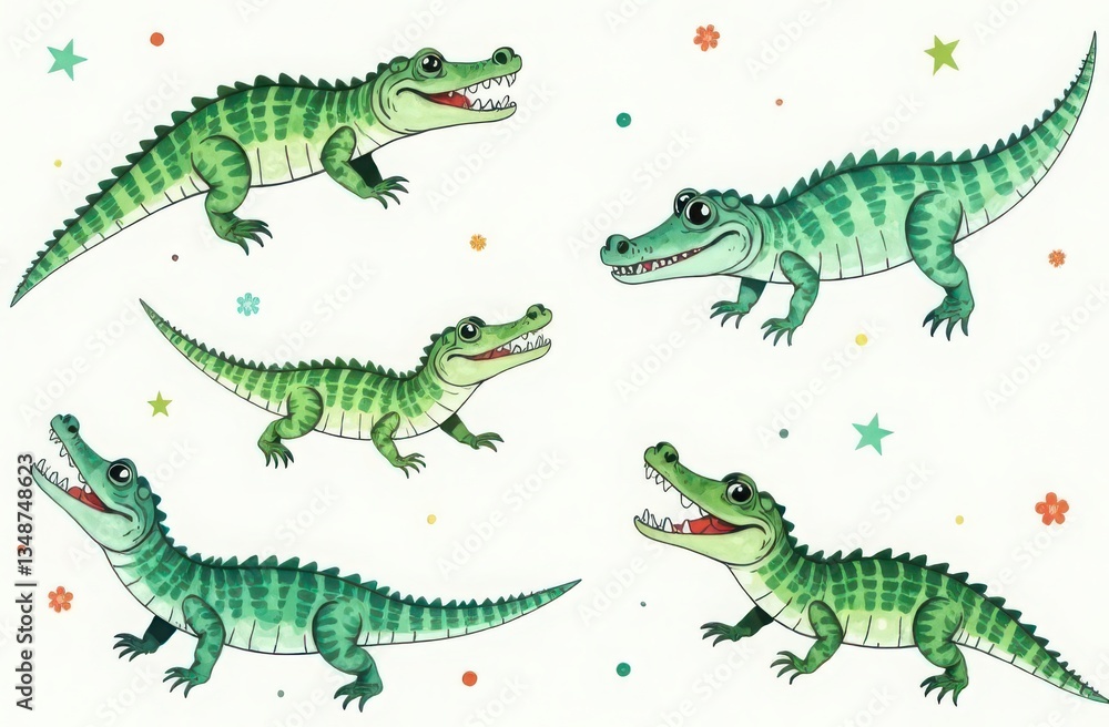 Fototapeta premium Seamless watercolor pattern with crocodiles on white background