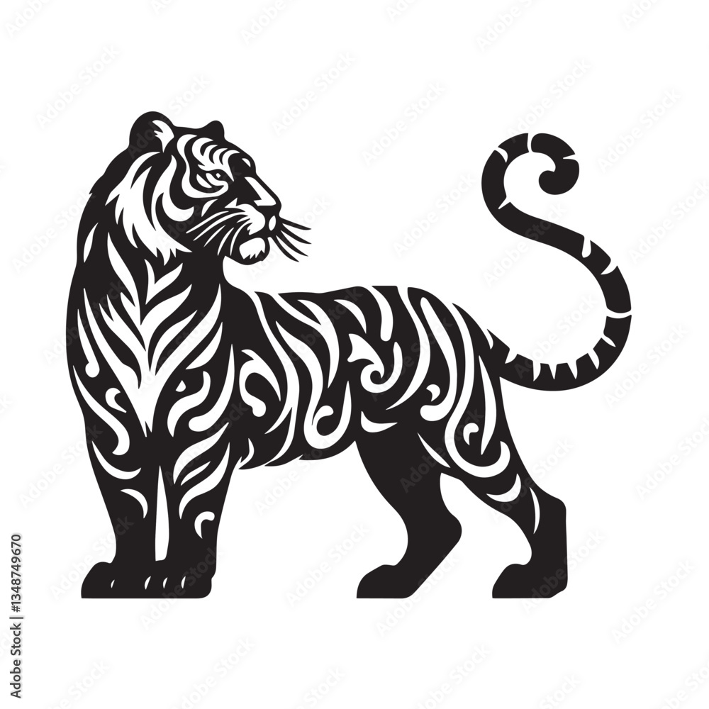 Obraz premium Set of big tigers. Collection of portraits of predatory wild cats. Set of wildlife and fauna dwellers. Vector illustration on a white background. Tattoo, Tigers - wild animals, vector design of tigers