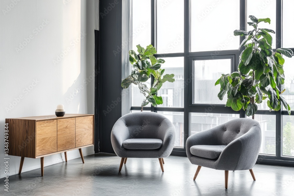 Fototapeta premium Modern living room corner with large windows and potted plants