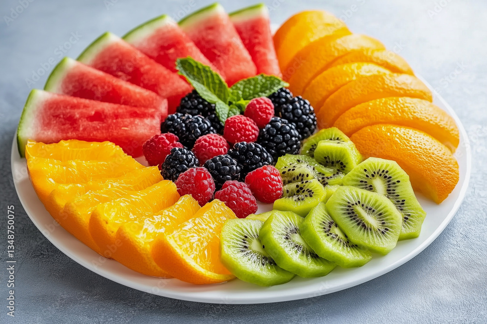 plate of fruit with watermelon, kiwi, oranges, and raspberries. The plate is white and the fruit is cut into slices plate of fruit with watermelon, kiwi, oranges, and raspberries. The plate is white and the fruit is cut into slices